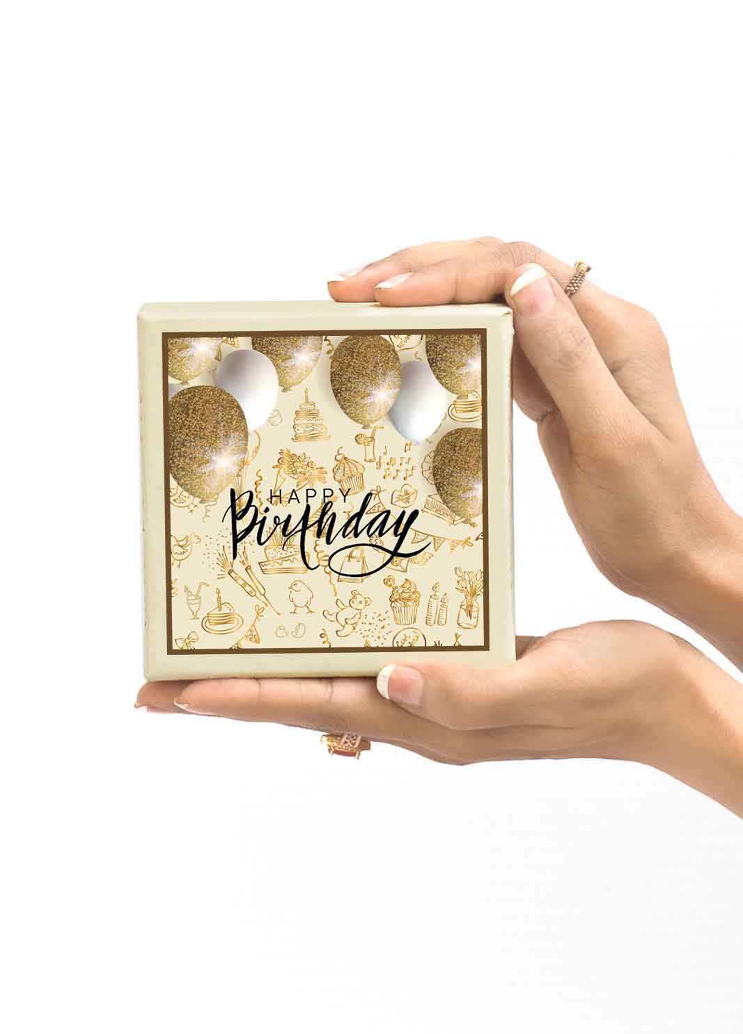 Happy birthday printed with balloons goldern and white balloon happy birthday 1 pao sweet box chocolate box golden box for sweets and gift packaging