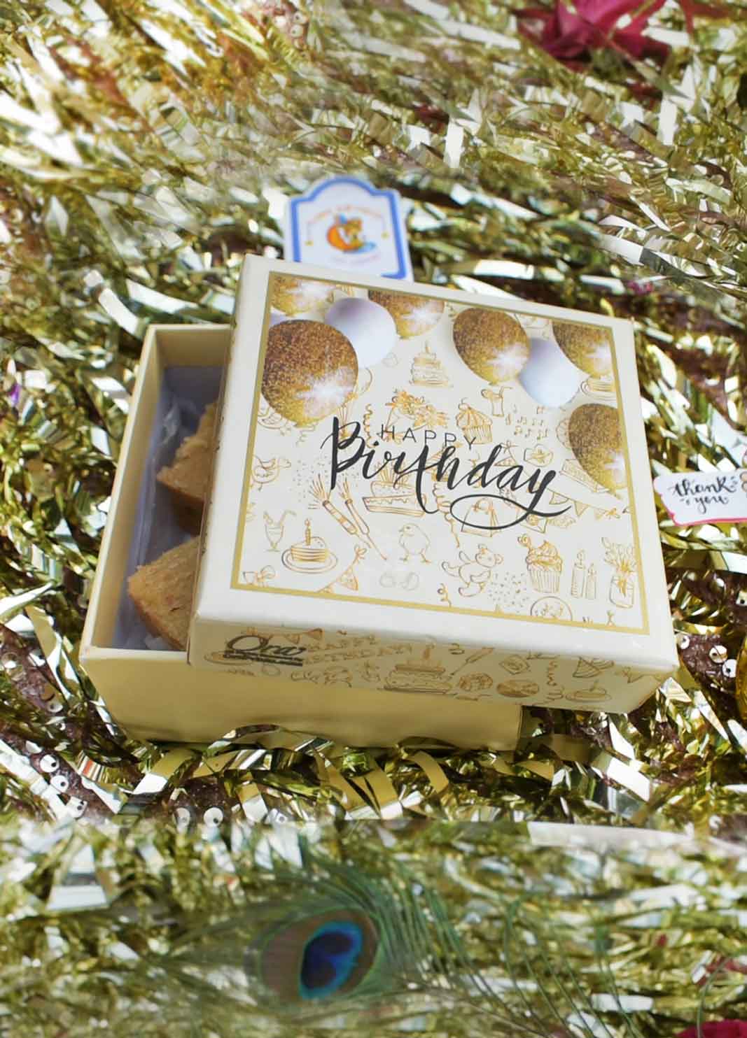 Happy birthday printed with balloons goldern and white balloon happy birthday 1 pao mithai box chocolate box golden box for sweets and gift packaging