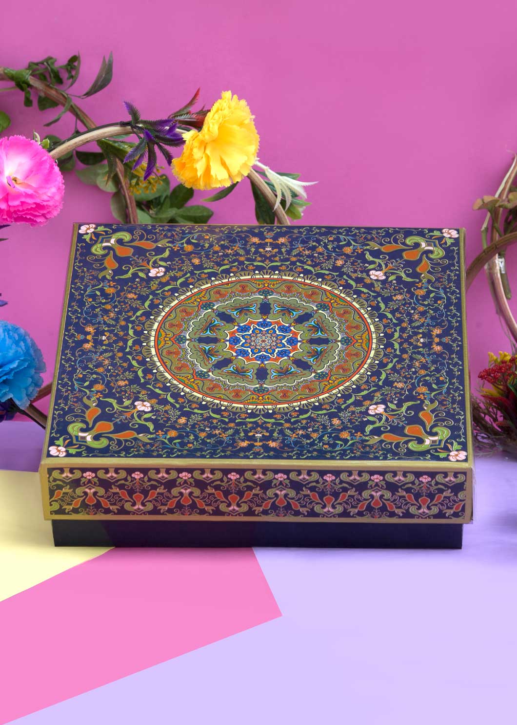 Multi Color Ornamental Floral Design Box for Packing - Cloth Packaging Box - Square Blue Box