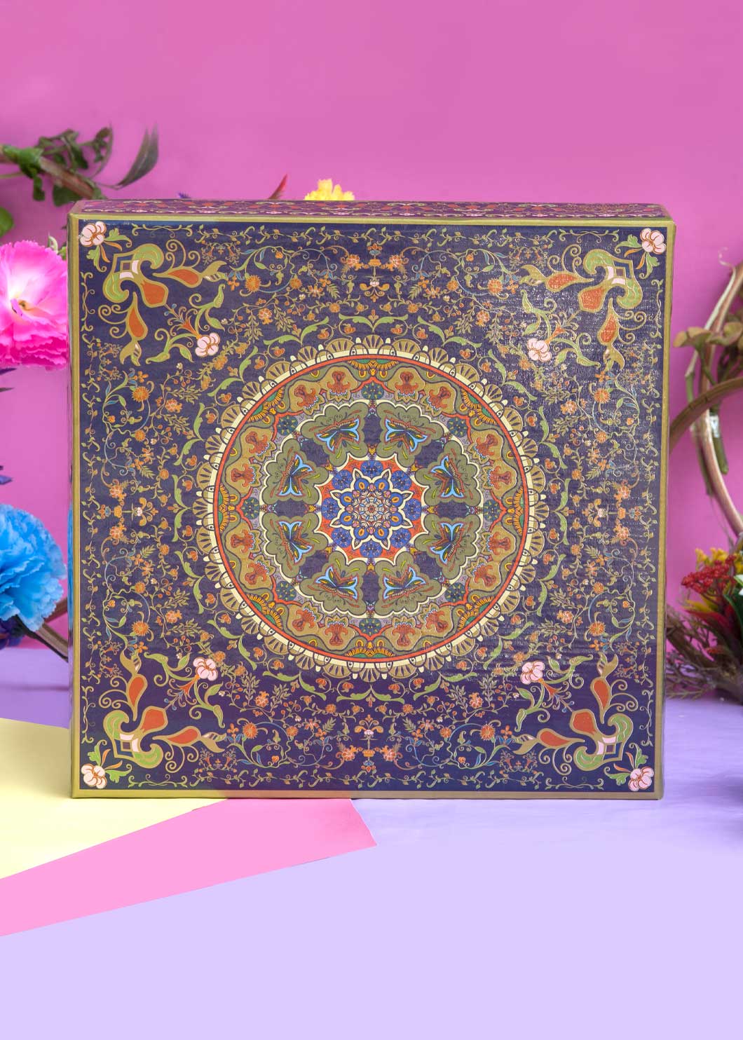 Multi Color Ornamental Floral Design Box for Packing - Cloth Packaging Box - Square Blue Box