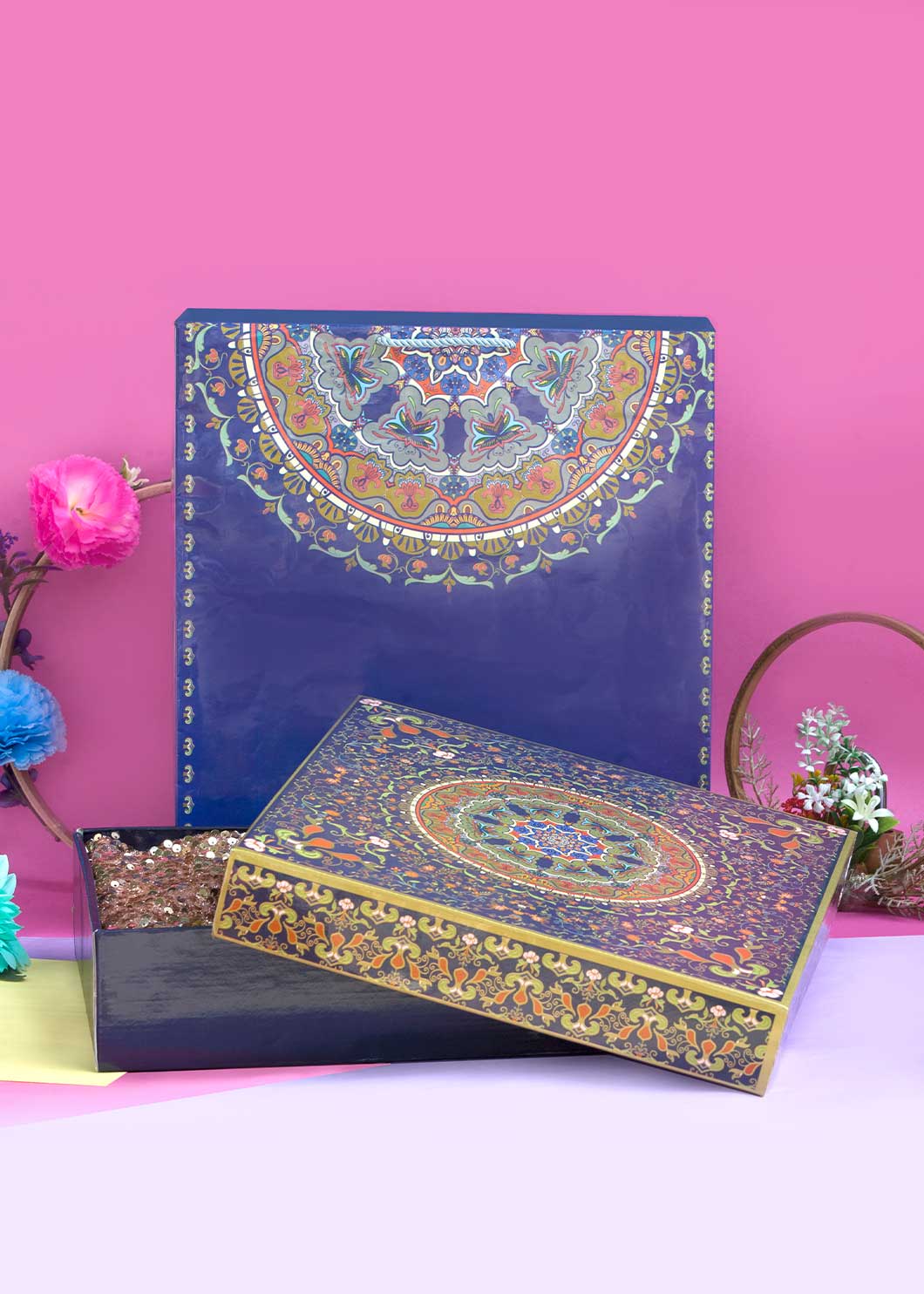 Multi Color Ornamental Floral Design Box for Packing - Cloth Packaging Box - Square Blue Box