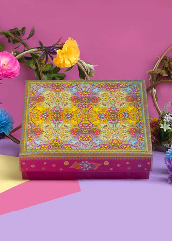 Multi Pattern Ornamental Floral Design Box for Packing - Cloth Packaging Box - Square Yellow Box