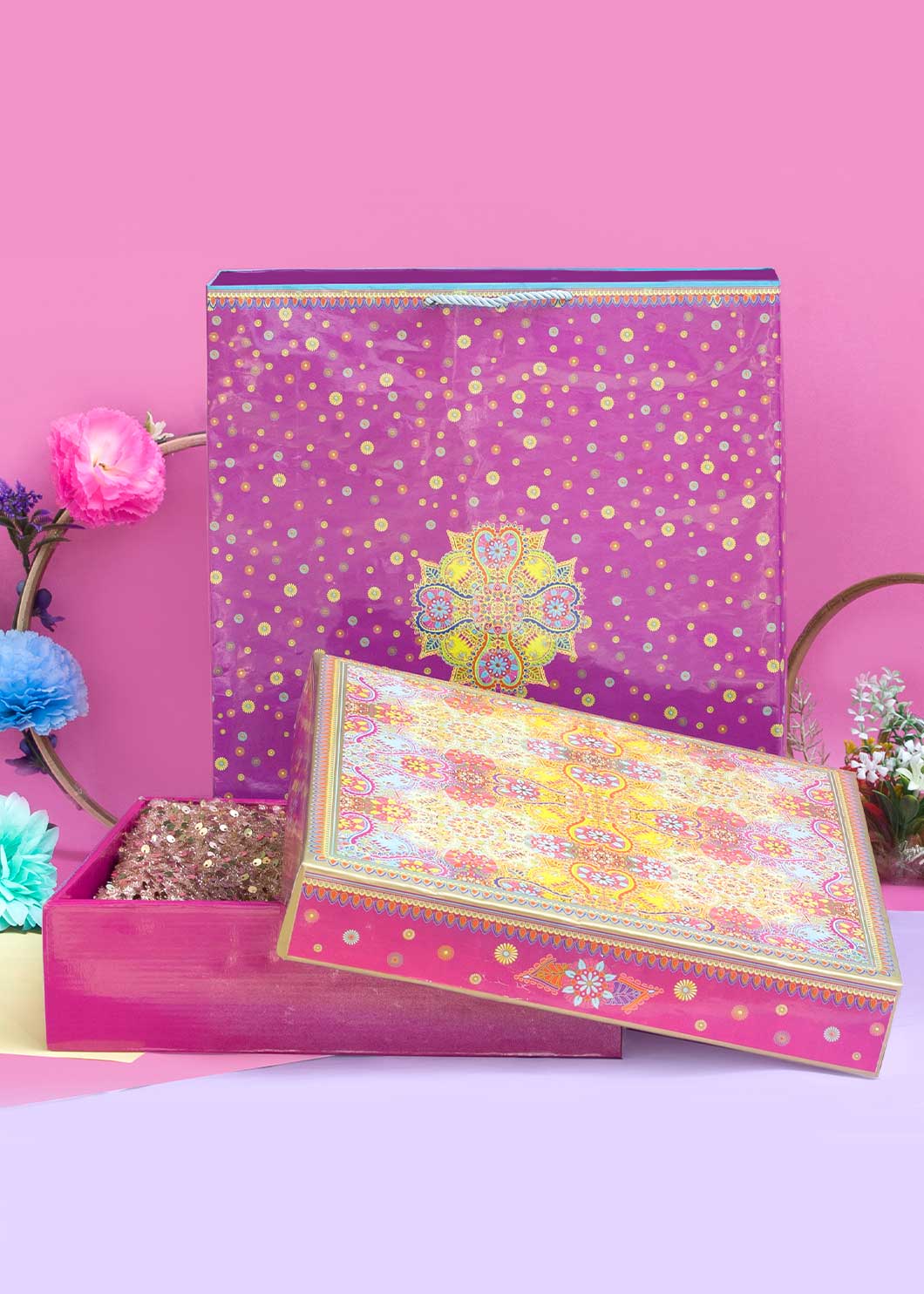 Multi Pattern Ornamental Floral Design Box for Packing - Cloth Packaging Box - Square Yellow Box