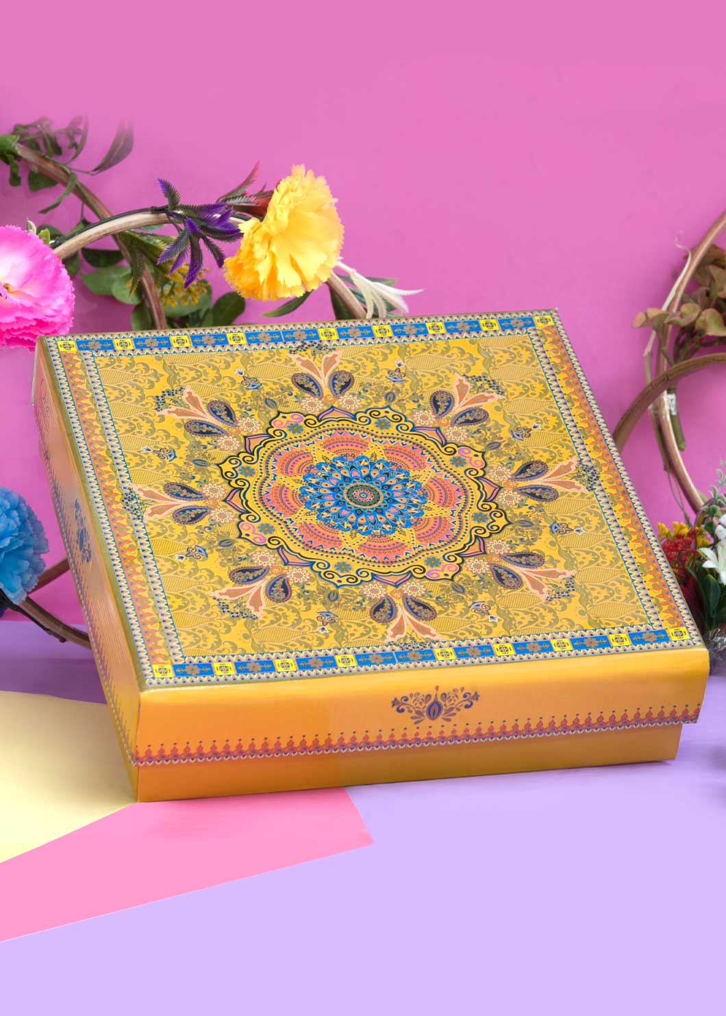 Multi Pattern Ornamental Floral Design Box for Packing - Cloth Packaging Box - Square Yellow Box