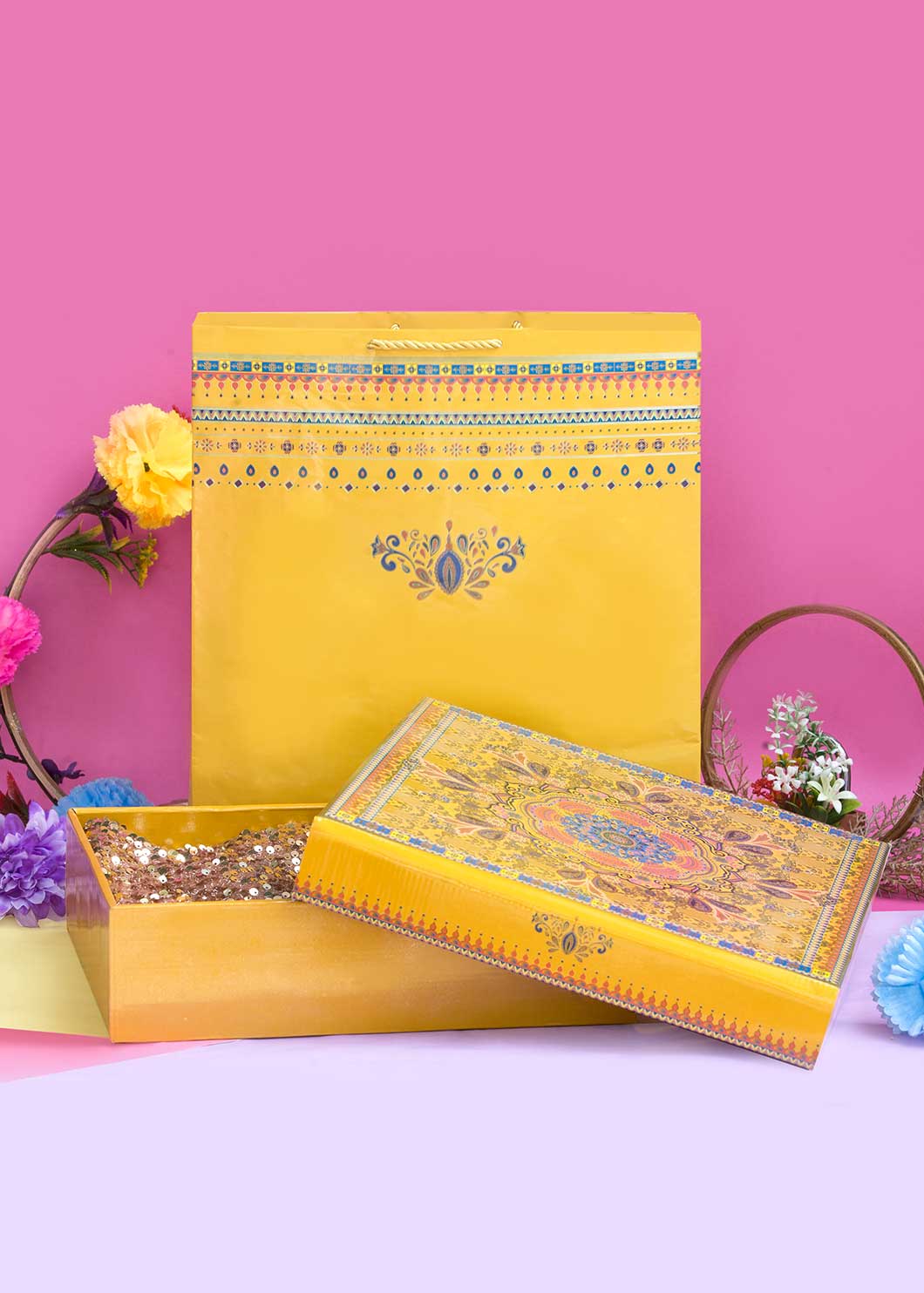 Multi Pattern Ornamental Floral Design Box for Packing - Cloth Packaging Box - Square Yellow Box