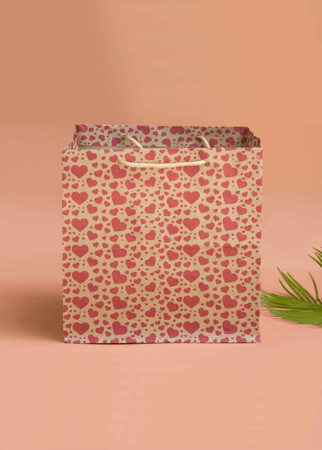 Craft Paper Bag - Heart Pattern Design Square Paper Bag For Multupupose Packaging