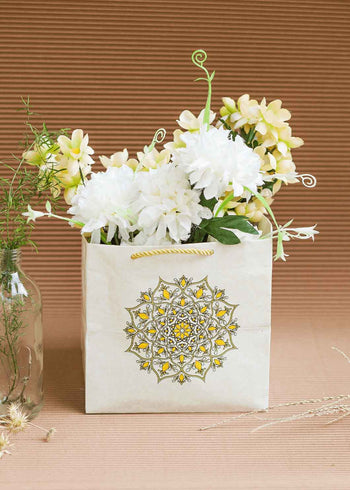 Premium Floral Cream Bag 7.7x7.7 inch - Golden design Patter - Square Bag For Gift Box Packaging
