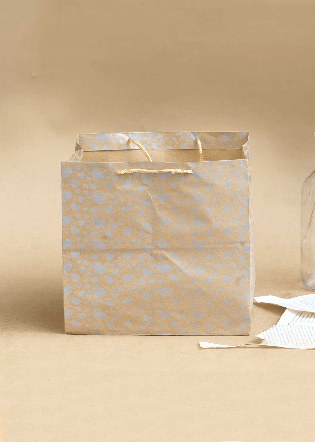 Craft Paper Bag Heart Pattern - Craft Bag - Golden Silver Red - 9x9 Paper Bag