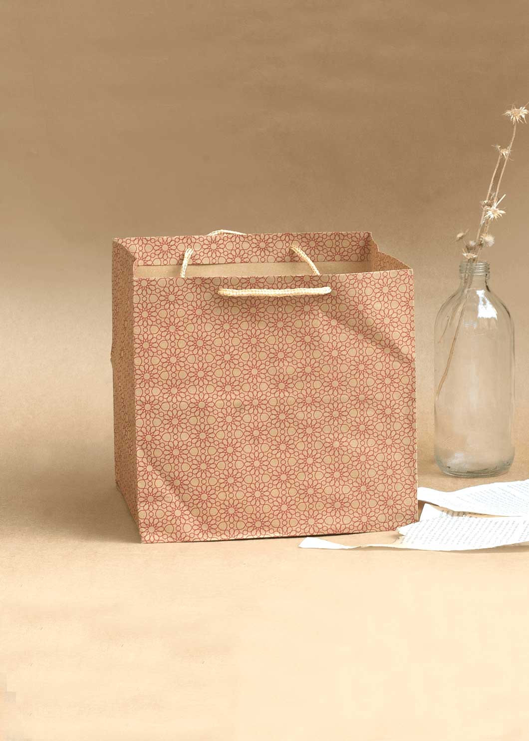 Craft Paper Bag Floral Pattern - Craft Bag - Golden Silver Red - 9x9 Paper Bag