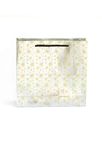 Paper Heart Pattern - Paper Bag - White & Gold- 13 x 4 Paper Bag